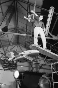 Thunderbird II takes off in Slough film studios during filming of the Thunderbirds series