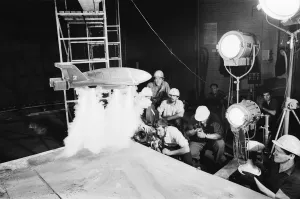 Thunderbird II takes off in Slough film studios during filming of the Thunderbirds series