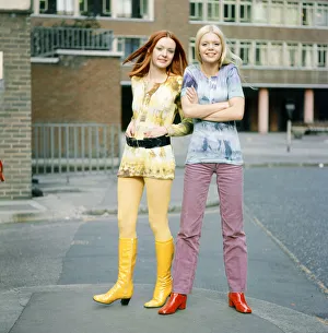 Tie-dye shirts worn by models, Jane (red hair) and Linda (blond hair). 3rd March 1970