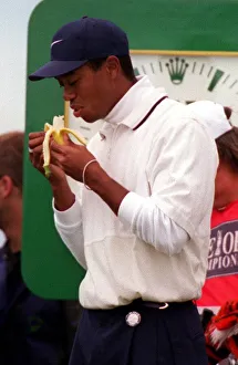 Banana Prints: Tiger Woods Golf USA eating a banana at Royal Troon golf course in Scotland Thursday