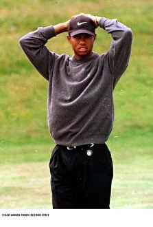 Images Dated 14th July 1997: Tiger Woods golfer Hands on his head Looks disappointed practice