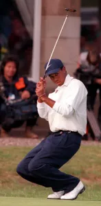 Tiger Woods at the Open Golf Championship Troon July 1997 after his birdie on the 18th
