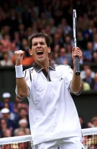 Tim Henman celebrates set point against Jim Courier June 1999 at the Wimbledon