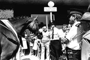 Three times Grand National winner Red Rum arrives for opening the Rum Runner nightclub in