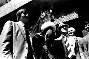 Three times Grand National winner Red Rum arrives for opening the Rum Runner nightclub in