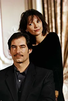 Timothy Dalton Actor and actress Joanne Whalley Kilmer at a press conference in London to