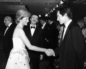 Premieres Prints: Timothy Dalton actor meeting Princess Diana attending the charity premiere of The Living