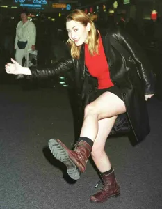 Titanic actress Kate Winslet leaving Heathrow Feb 1998 for New York on Concorde wearing