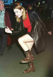 Titanic actress Kate Winslet leaving Heathrow Feb 1998 for New York on Concorde wearing