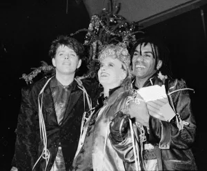 Tom Bailey, Alaanah Currie and Josh Leeway who form British pop group The Thompson Twins