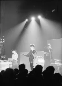 Tom Bailey and Alannah Currie of the British pop group The Thompson Twins performing