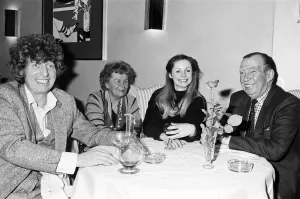 Tom Baker and his wife Lalla Ward at a restaurant in Chelsea with her parents