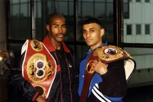 Tom Johnson boxer and Prince Naseem boxing with awards belts