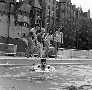 Lido Prints: Tommy Cooper opening the Oasis outdoor swimming pool in Holborn for the season