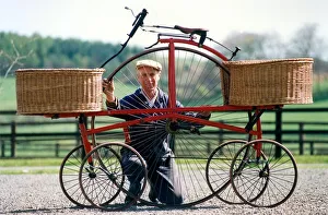 00078 Prints: Tommy Thompson with the replica Chicken and Hen bike at Beamish Museum