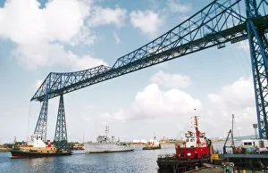 Cleveland Prints: Ton class minesweeper HMS Kellington seen here being towed under the Tees Transporter