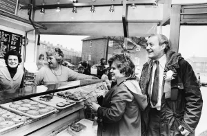 Tony Benn calls in at North Shields shop to buy pies for his tea before setting off for