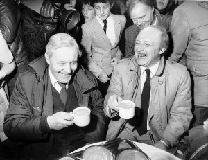Tony Benn Labour candidate with Neil Kinnock Labour leader having a cup of tea in