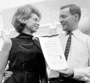 Letter Prints: Tony Benn and wife Caroline standing outside Houses of Parliament, Westminster