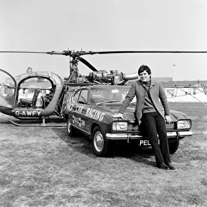 Tony Blackburn with helicopter arriving for the Radio One club at Bournemouth