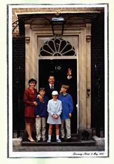10 Downing Street Prints: Tony Blair Christmas card December 1997 - Tony Blair and family outside Ten Downing
