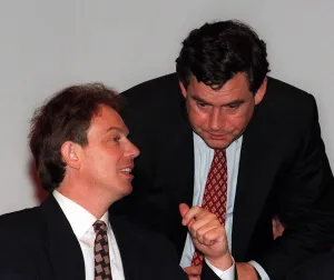 Tony Blair Labour leader speaking to Gordon Brown at the Labour Party Conference