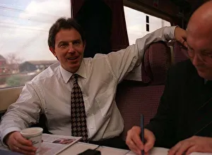 Tony Blair Labour Party Leader on train to Gloucester during the General Election