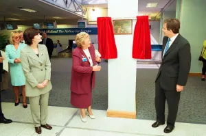 00513 Prints: Tony Blair opening the new terminal building at Teesside Airport seen here accompanied by