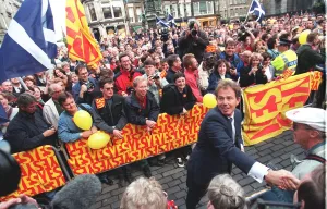 Edinburgh Prints: Tony Blair shaking hands with people in Parliament Square in Edinburgh September 1997