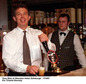 Tony Blair at Sheraton Hotel Edinburgh pulling a half pint of Blairs Brew from pump