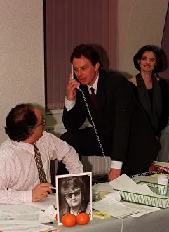 00184 Prints: Tony Blair on the telephone at Walworth Road HQ as the first results of the Local