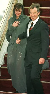 Head Scarf Prints: Tony Blair and wife Cherie Blair arrive in Kuwait January 1999