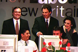00184 Prints: Tony Blair with wife Cherie and Deputy Leader John Prescott showing their delight