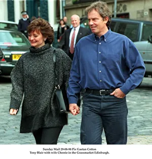 Tony Blair and wife Cherie hand in hand August 1998 in the Grassmarket Edinburgh