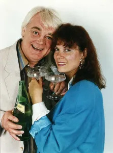 Tony Booth actor with girlfriend Nancy Jaeger September 1988