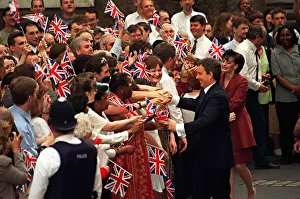 Winning Prints: Tony & Cherie Blair shake hands with supporters May 1997 at 10 Downing Street after