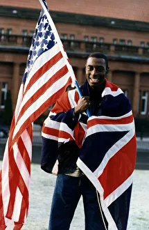 Core58 Prints: Tony Jarrett athlete runner with American and British flags at Kelvin Hall Glasgow