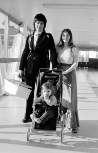 Tony Visconti with his wife Mary Hopkins and child - November 1973 at London