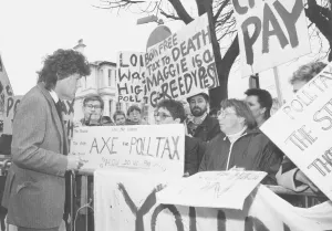 Demonstrations And Rallies Prints: Former Torbay MP Rupert Allason talks to protesters at the Young Conservative Conference