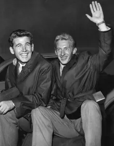 Torino team-mates Denis Law and Joe Baker land at Ringway airport, October 1961