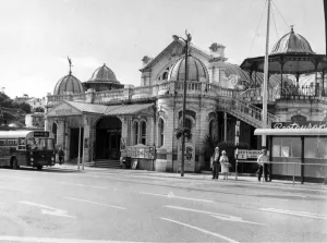 Bygones Prints: Torquay Pavilion front view, in 1971. Showing bus, bus stop