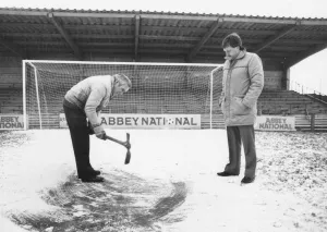 Frozen Prints: Torquay Uniteds head groundsman Fred King and Dave Easton, commercial manager