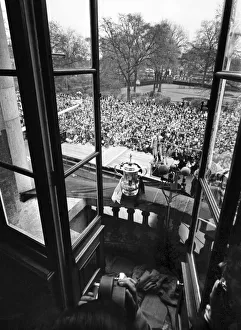 Tottenham Hotspur shows off the FA Cup trophy to a crowd of fans at Tottenham Town Hall