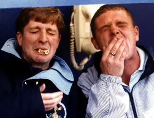 Tottenham Hotspur star Paul Gascoigne clowning around with with teamate John Moncur