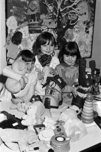 Toy time... looking after the toy stall at a Christmas fair held at Almondbury Infants