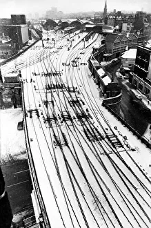 Empty tracks in the snow outside Newcastle Central Station on 16th February 1979
