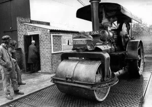 Vintage Prints: Traction engine steam roller Highland Lass at the public weighbridge belonging to