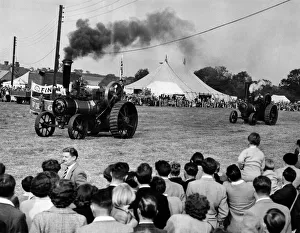 Tent Prints: Traction Engines in race at Rally. A race between 10-ton traction engines