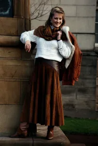 Tracy Childs wearing Long Suede Skirt with White Jumper Leather Jacket