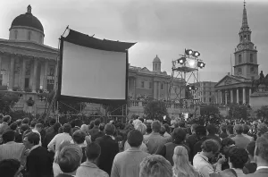 Men And Women Prints: Trafalgar Square London July 1969 A giant TV screen in Trafalgar Square has been